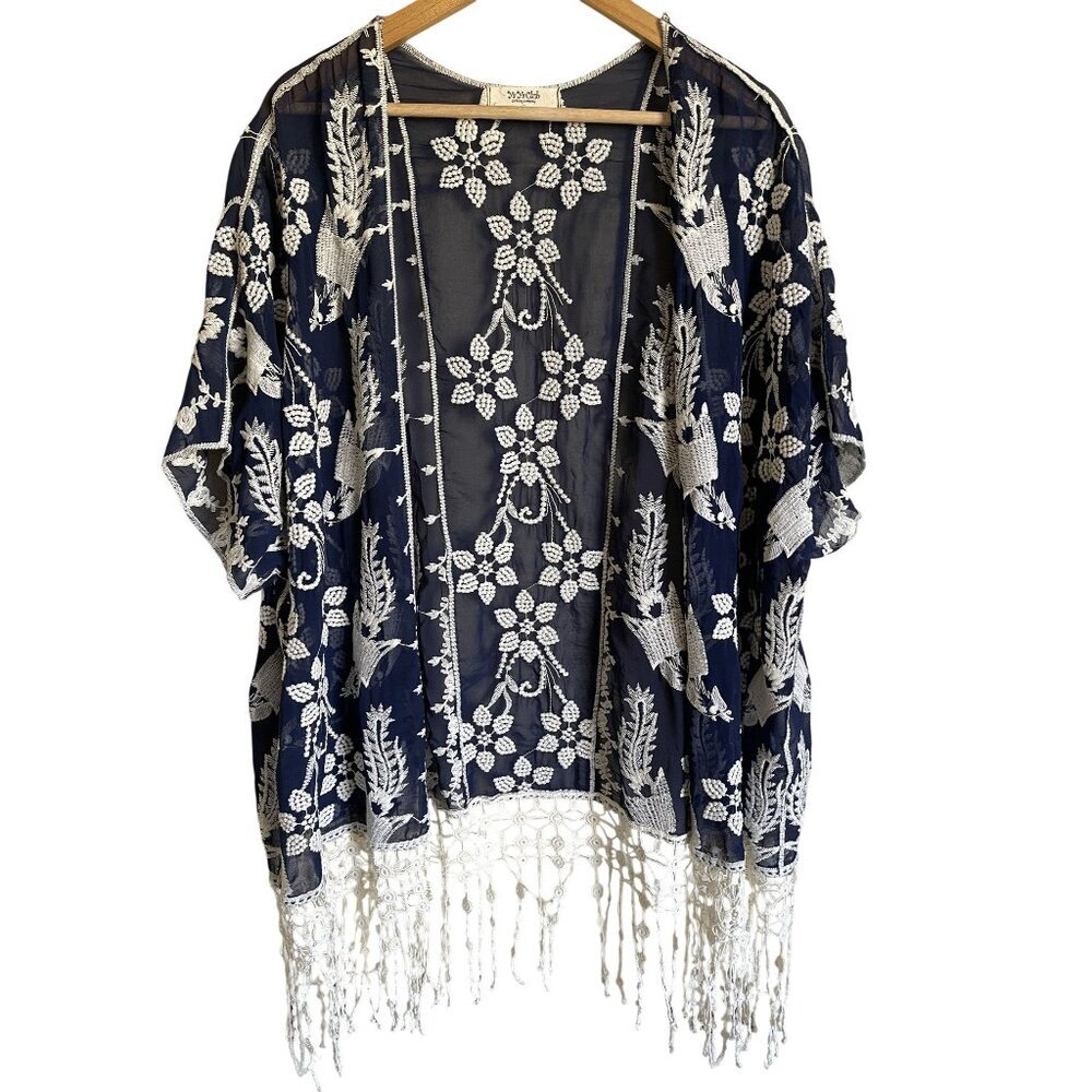 Ya Ya Club Navy Blue Cream Embroidered Floral Kimono Wrap Fringe Semi Sheer Size